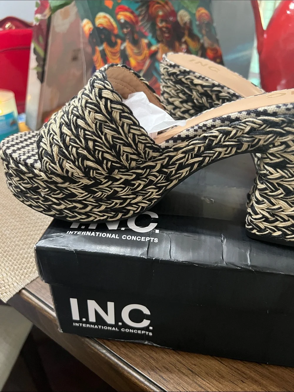INC International Concepts Black and Cream Braided Platform Mules
